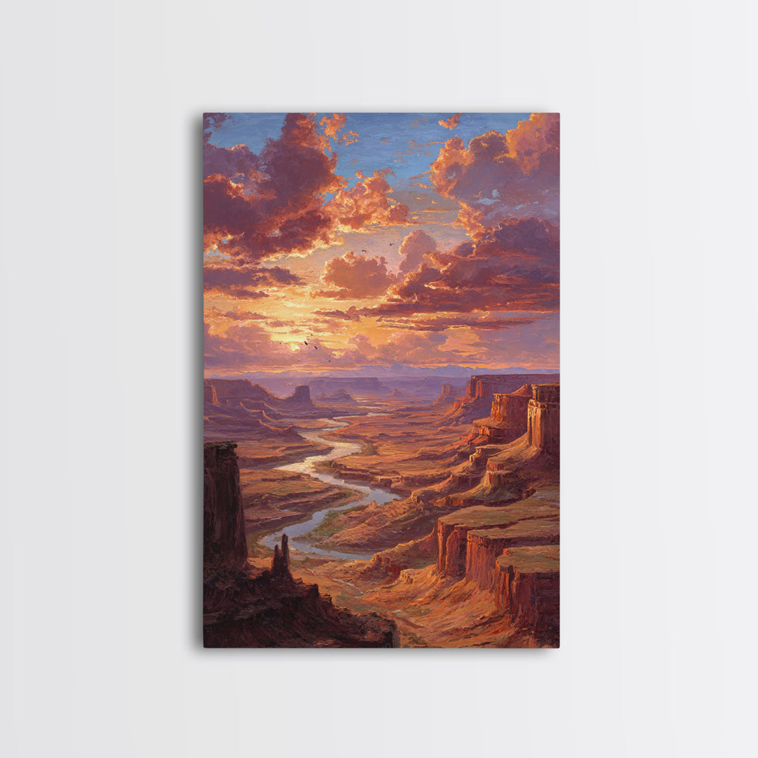 Sunset Over Canyon River Oil Painting Landscape Wall Art Large Framed Canvas Print Rustic Home Decor Gift For Nature Lovers