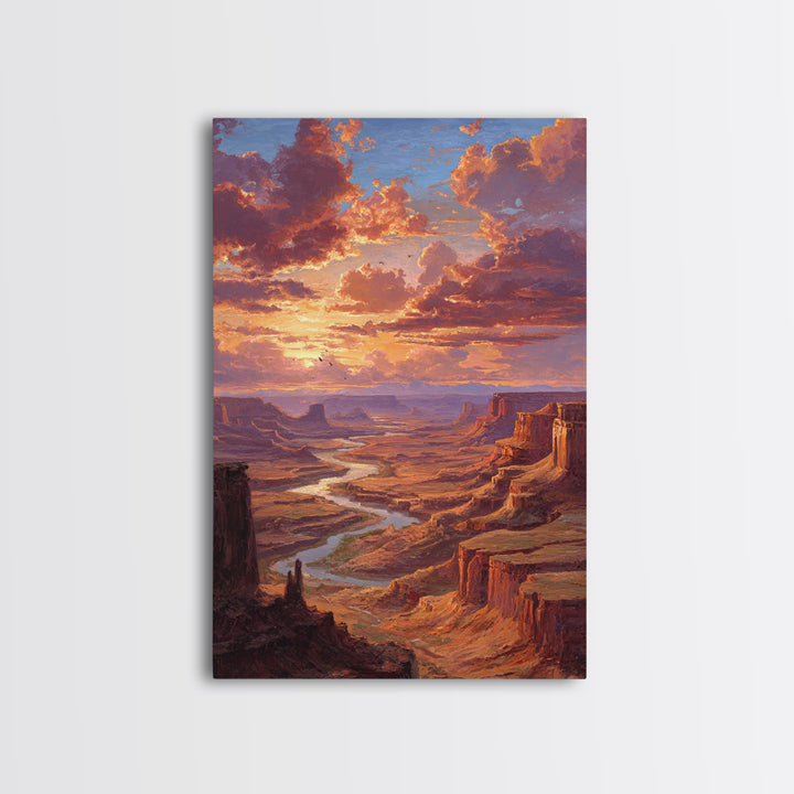 Sunset Over Canyon River Oil Painting Landscape Wall Art Large Framed Canvas Print Rustic Home Decor Gift For Nature Lovers
