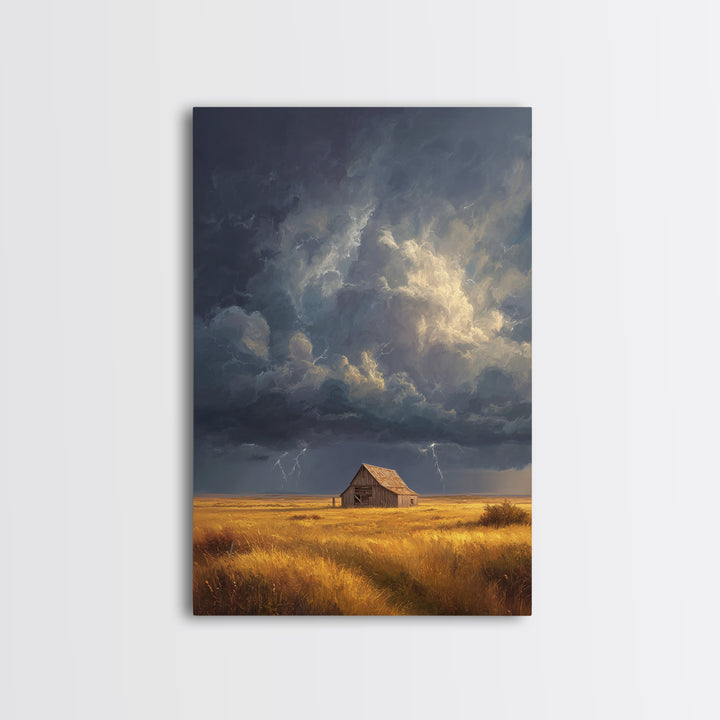 Rustic Barn In Stormy Field Landscape Wall Art With Dramatic Sky Lightning Canvas Print For Living Room Decor