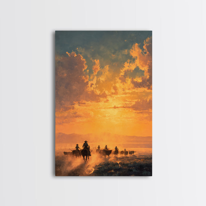 Sunset Cowboy Cattle Drive Ranch Scene Oil Painting Wall Art Framed Canvas Print For Rustic Farmhouse Home Decor