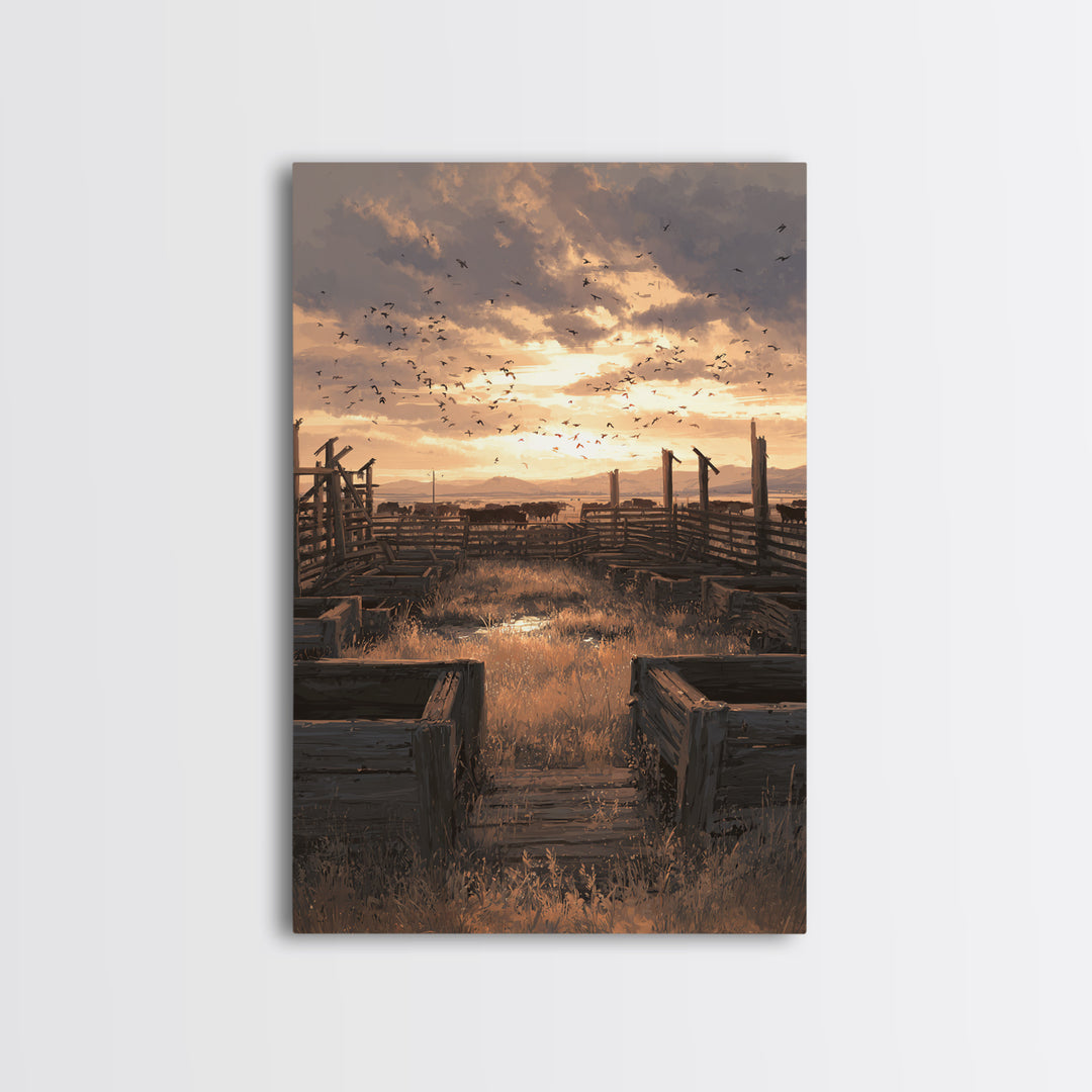 Rustic Landscape Oil Painting Of Cattle Corral At Sunset Wall Art Framed Canvas Print For Farmhouse Decor