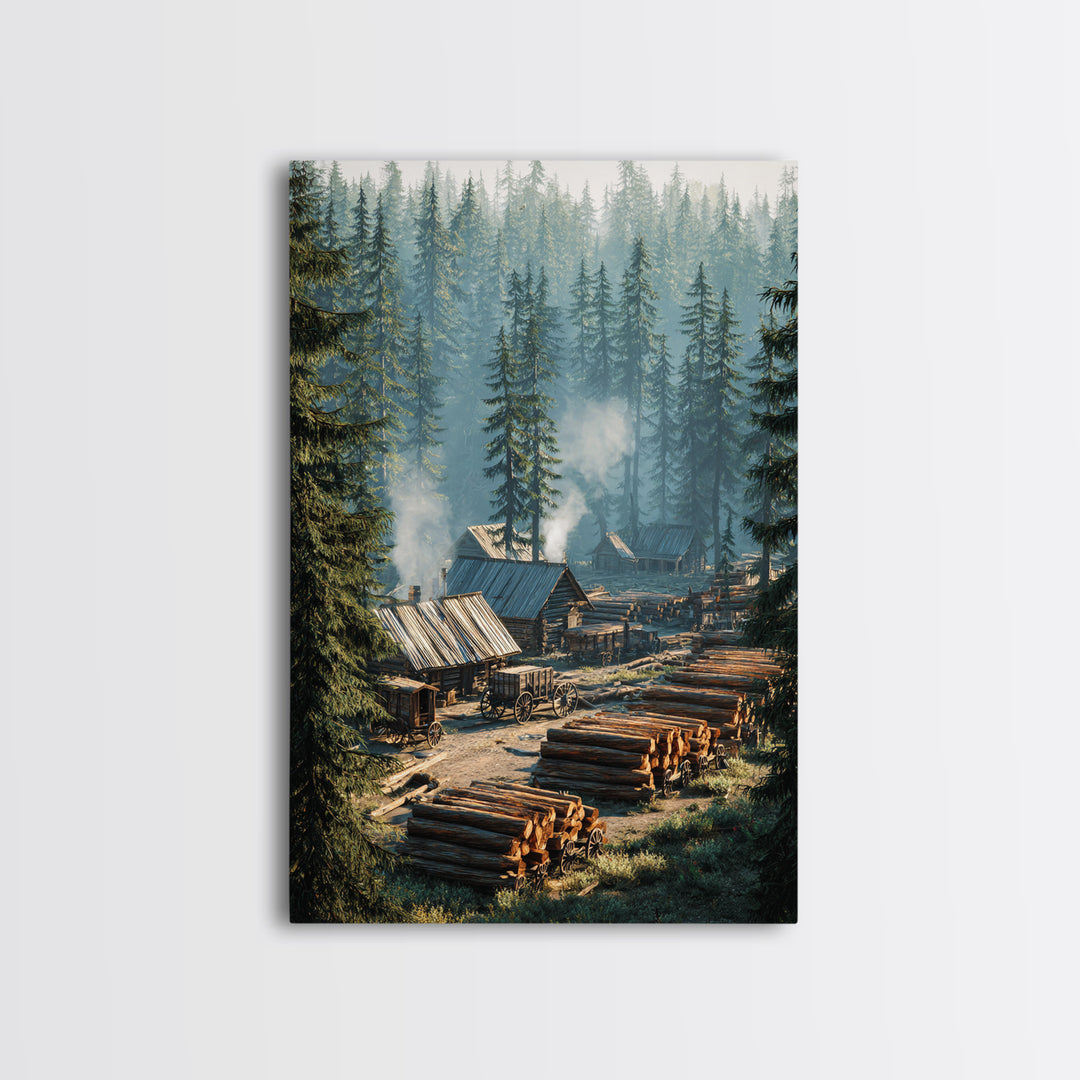 Rustic Log Cabin Village In Misty Forest Painting Wall Art Canvas Print For Cozy Home Decor Living Room Wall Art