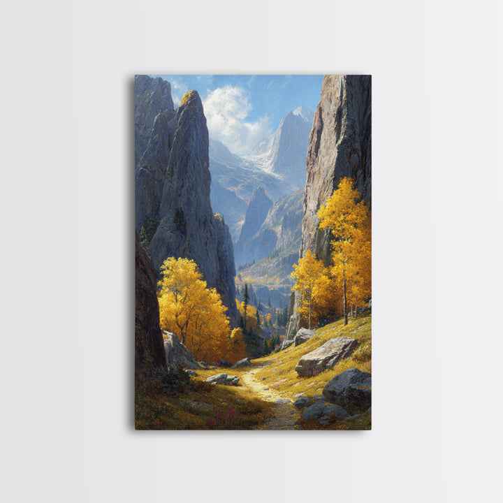 Majestic Mountain Valley Fall Landscape Painting Wall Art Framed Canvas Print For Warm Autumn Home Decor Living Room