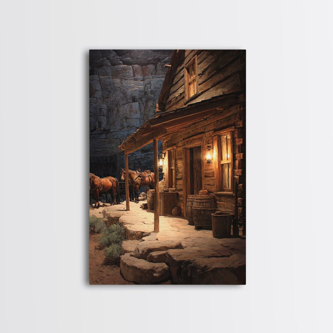 Rustic Western Cabin With Horses At Dusk Warm Oil Painting Wall Art Framed Canvas Print For Cozy Living Room