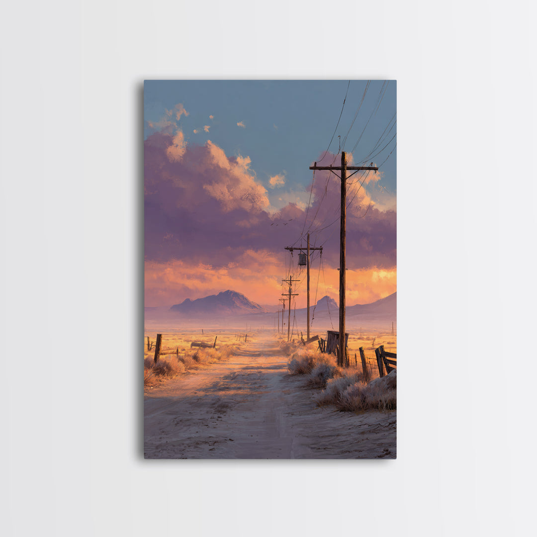 Desert Sunset Road With Power Poles And Mountains Minimalist Landscape Wall Art Framed Canvas Print For Modern Home