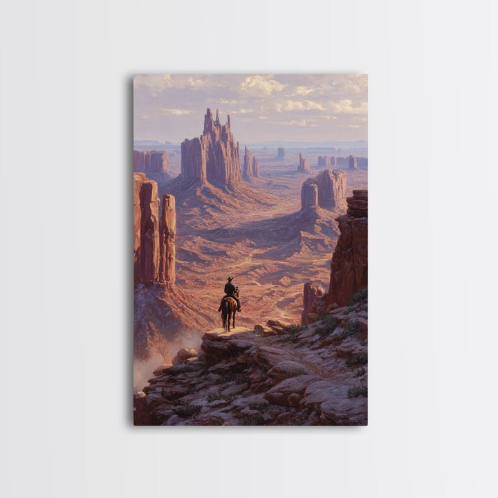 Western Cowboy Silhouette Watching Monument Valley Sunset Wall Art Print For Rustic Home Decor Living Room Framed Canvas Print