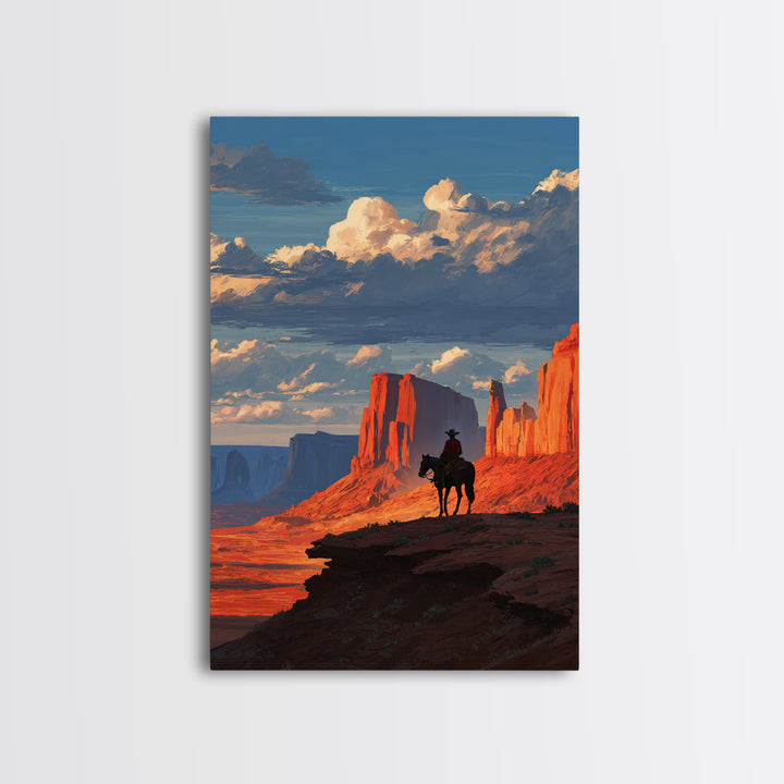 Cowboy On Horse Looking Over Red Rock Canyon Landscape Sunset Western Wall Art Canvas Print