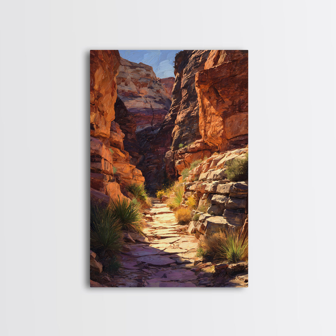 Rustic Canyon Pathway Desert Landscape Wall Art, Warm Earth Tones Framed Canvas Print For Modern Living Room Decor
