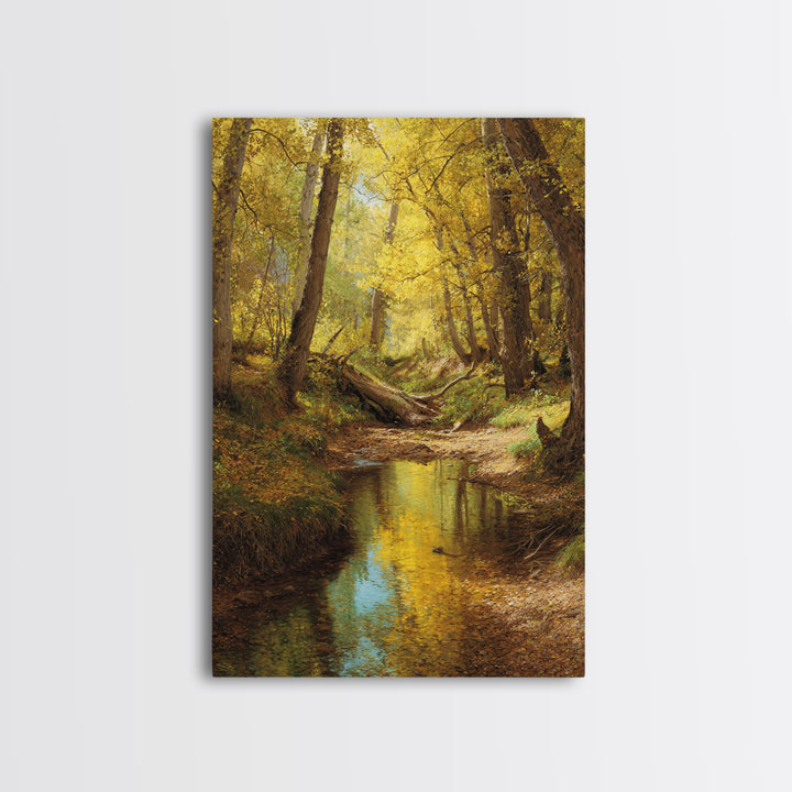 Serene Autumn Forest Landscape Oil Painting Canvas Print Featuring Golden Trees And Reflections For Wall Art