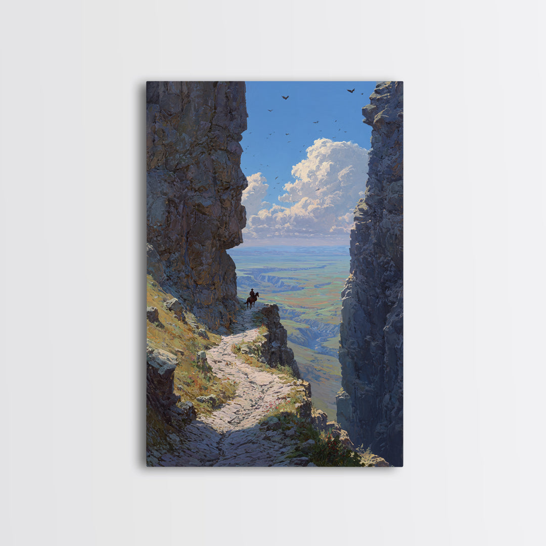 Western Cowboy On Horseback Amidst Majestic Rocky Canyon Landscape Large Wall Art Canvas Print