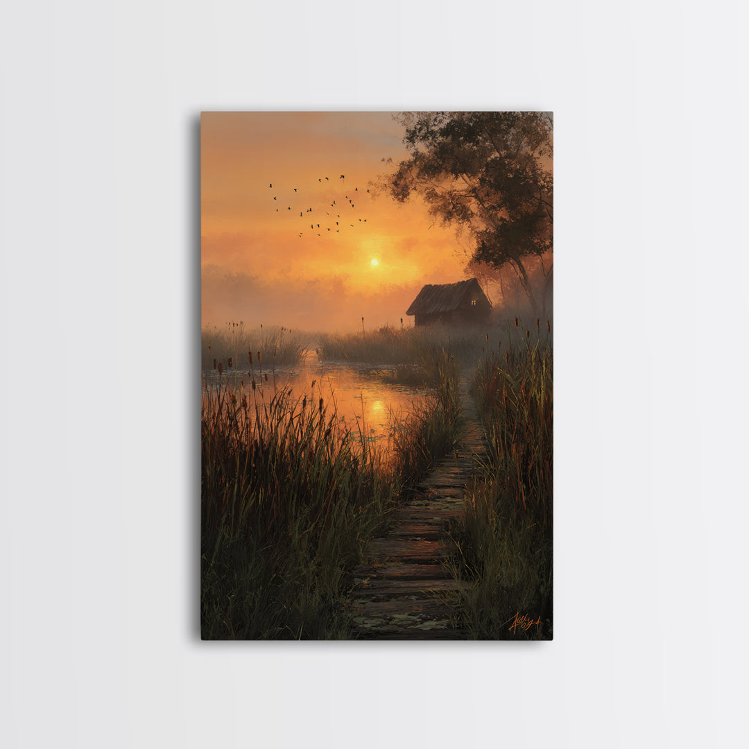 Peaceful Country Cabin At Sunlit Evening With Birds Flying Over Still Pond Serene Landscape Wall Art Print