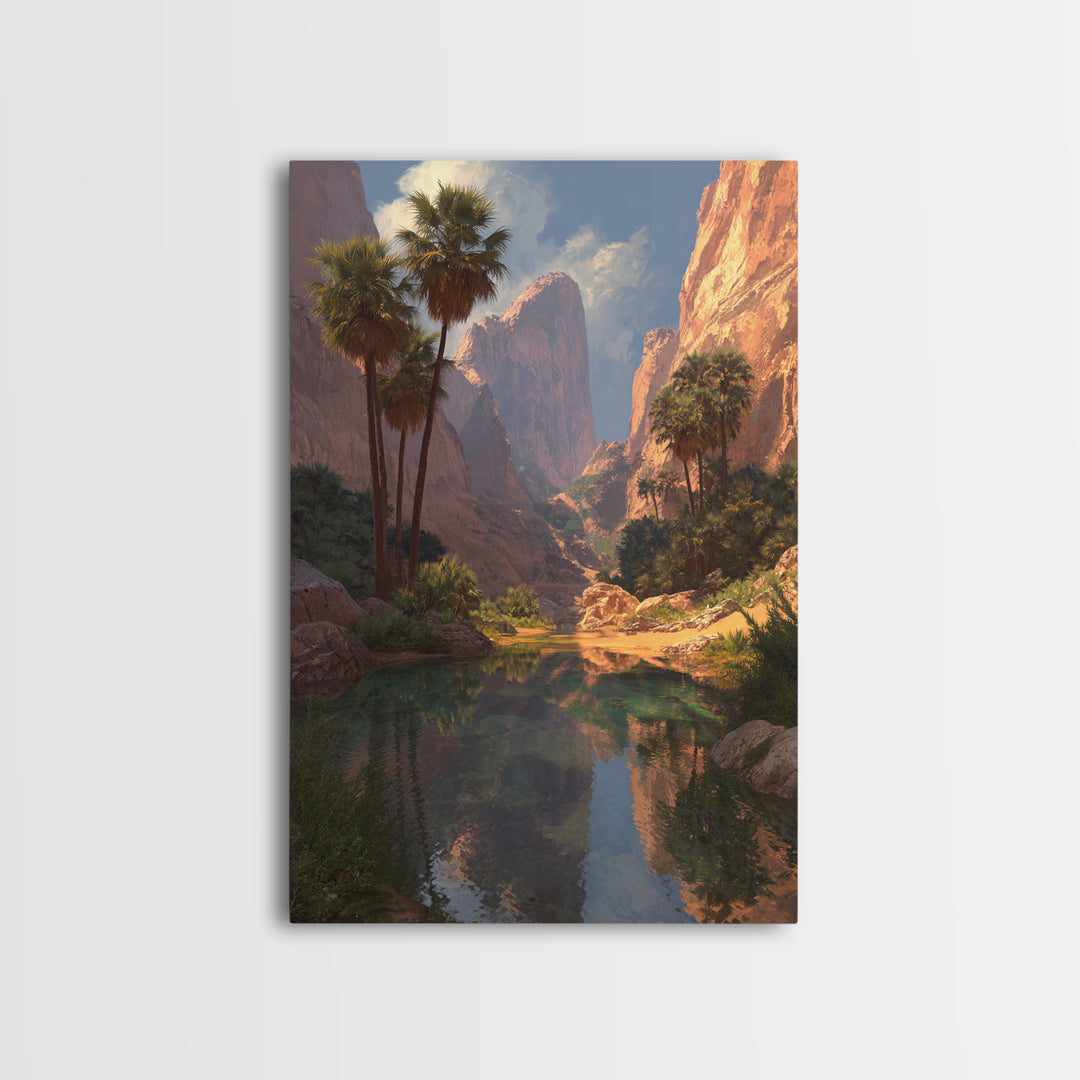 Stunning Desert Canyon Landscape Painting With Palm Trees Reflecting In Water Large Wall Art Canvas Print For Southwestern Home Decor