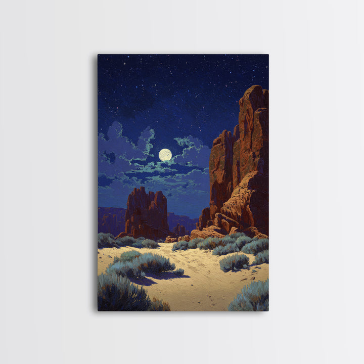 Starry Night Desert Landscape Wall Art With Moonlight Framed Canvas Print For Modern Rustic Home Decor And Cozy Living Room