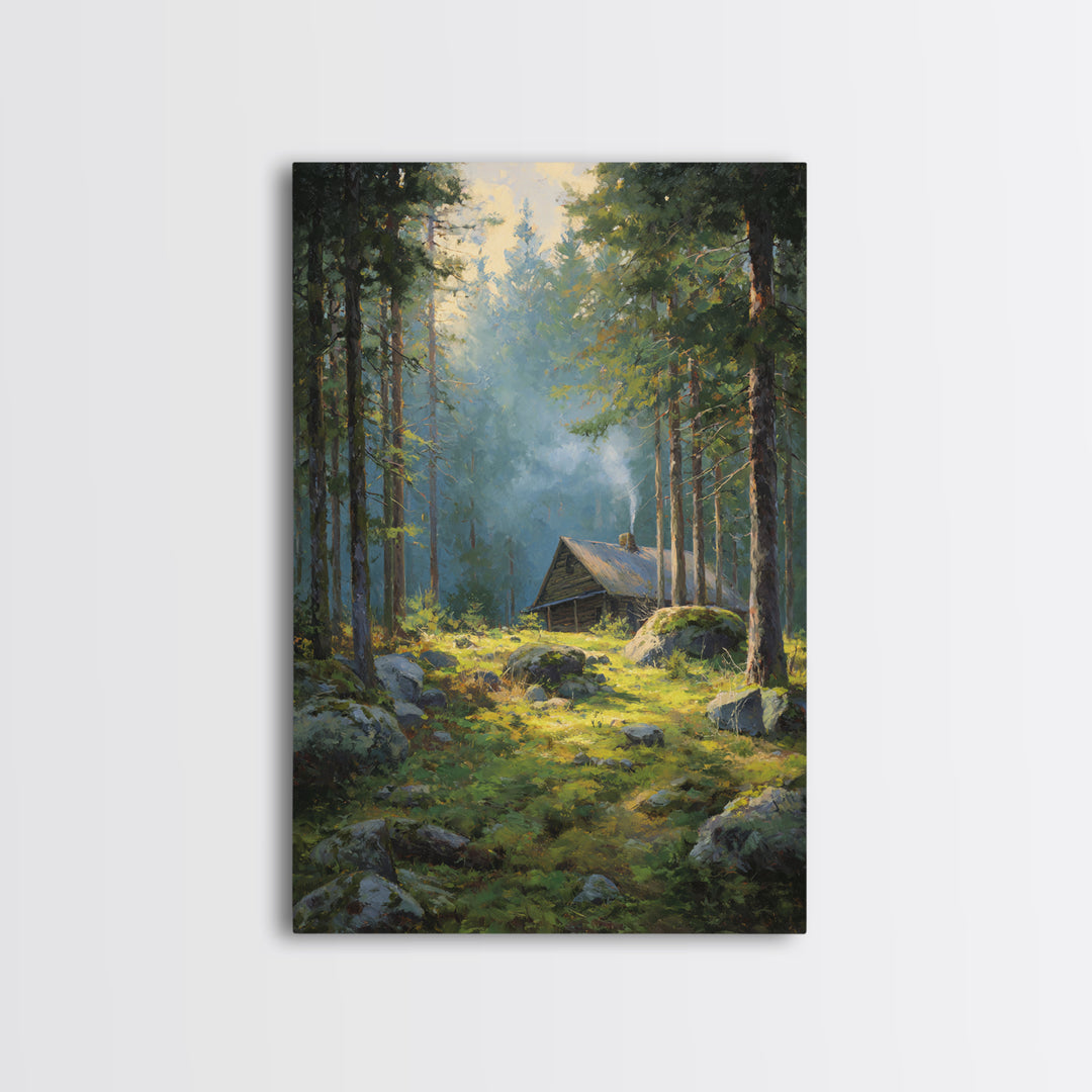 Sunset Campfire In Cozy Rustic Cabin Smoky Forest Original Oil Painting Wall Art Framed Canvas Print Warm Home Decor Nature Artwork