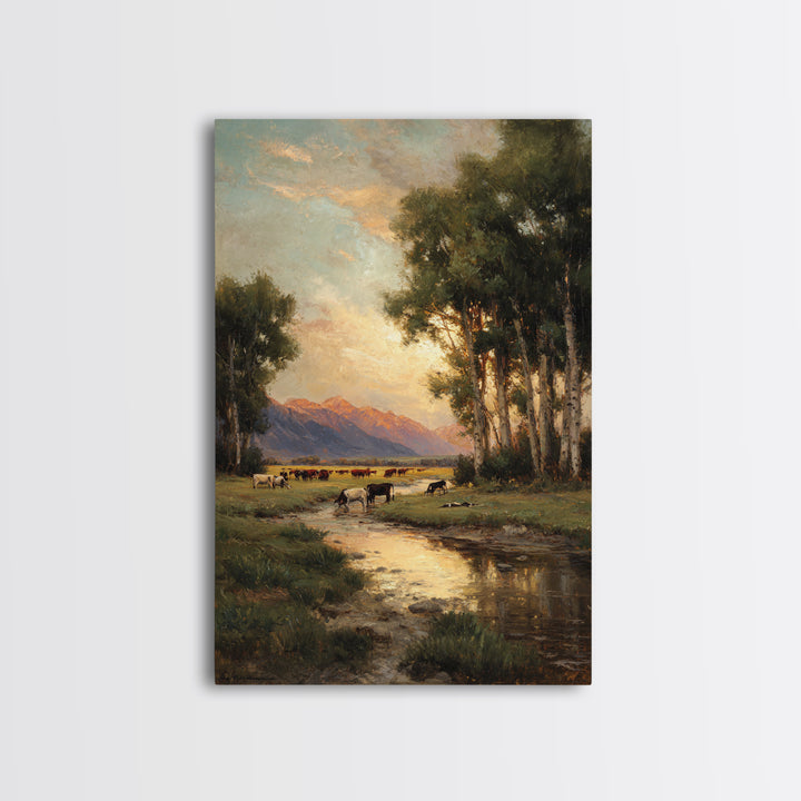 Serene Pastoral Landscape Oil Painting Artwork Featuring Cows Grazing Near Mountains Large Wall Art Canvas Print For Rustic Home Decor