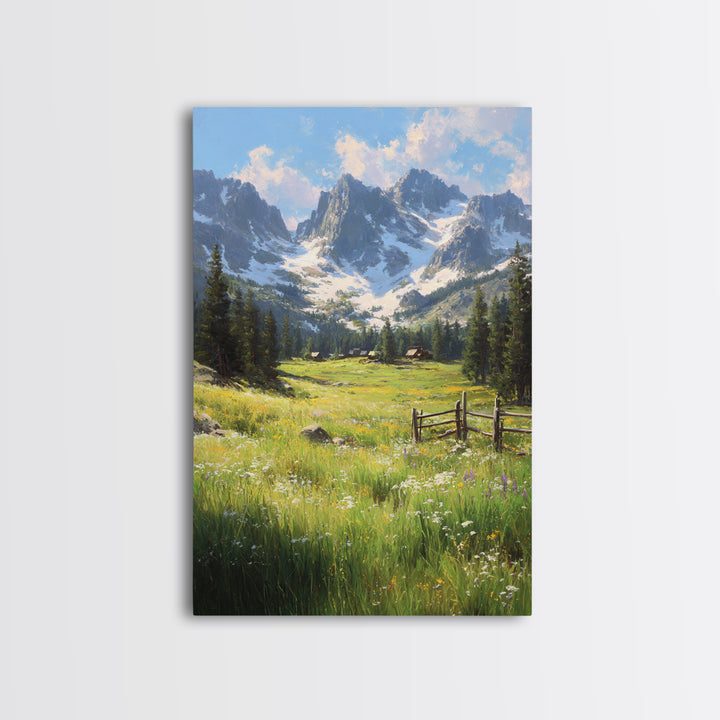 Rustic Mountain Landscape With Wildflower Meadow Original Oil Painting Large Wall Art Canvas Print