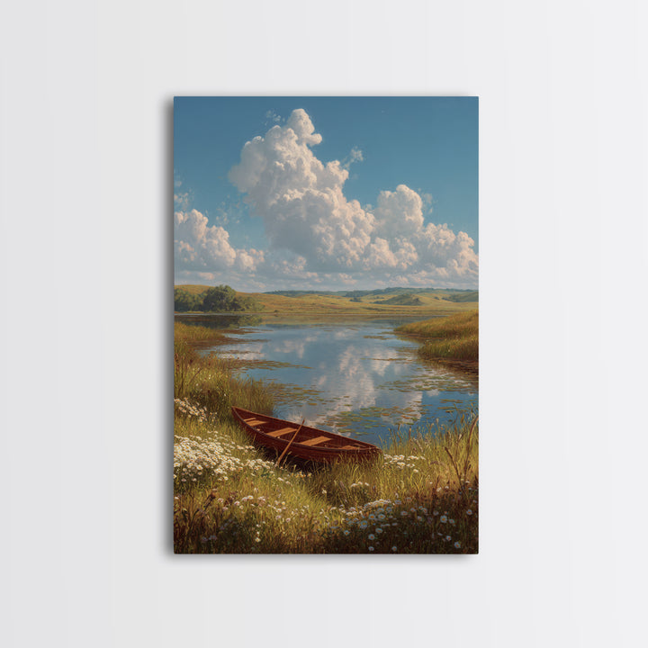 Quiet Lakeside Scene With Rowboat And Wildflowers Landscape Oil Painting Fine Art Print Wall Art