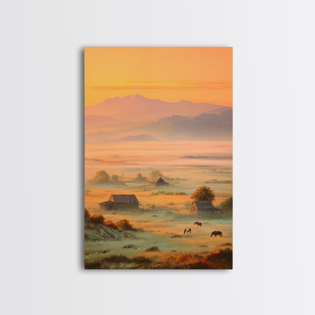 Golden Morning Mist Over Rustic Barns And Horses With Mountain Background Wall Art For Cozy Living Room Decor