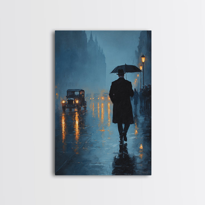 Rainy London Street With Umbrella Wall Art, Moody Blue Cityscape Oil Painting Print For Living Room Office Decor And Dark Academia