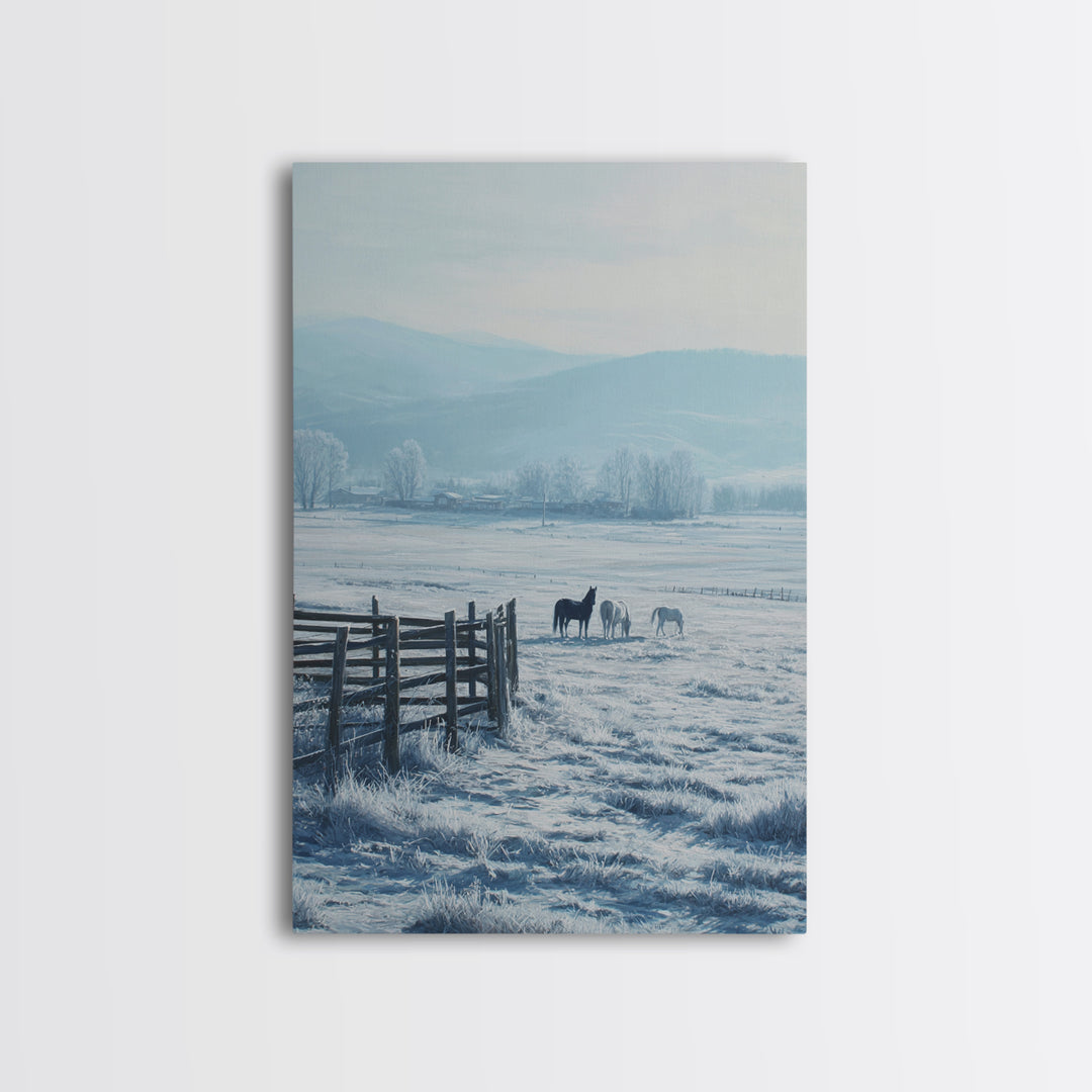 Winter Landscape Painting With Horses In Snowy Field Featuring Wooden Fence Pastel Tones Canvas Print For Rustic Home Decor