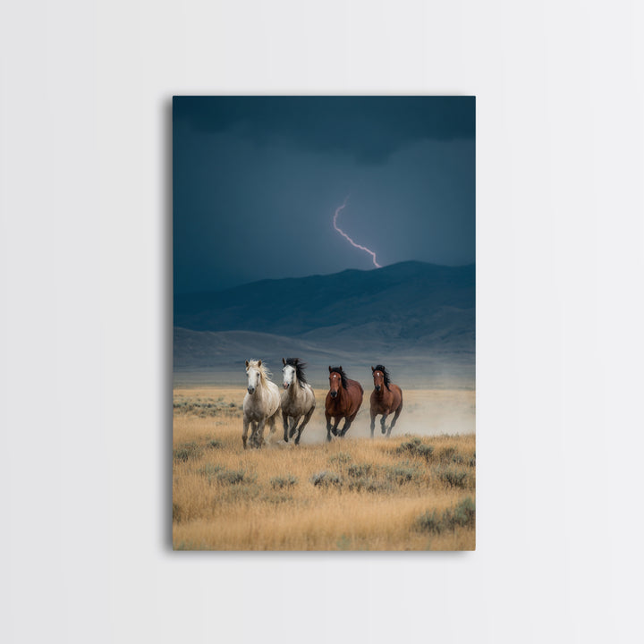 Wild Horses Running Amid Stormy Landscape Canvas Print, Dramatic Animal Wall Art, Rustic Western Home Decor