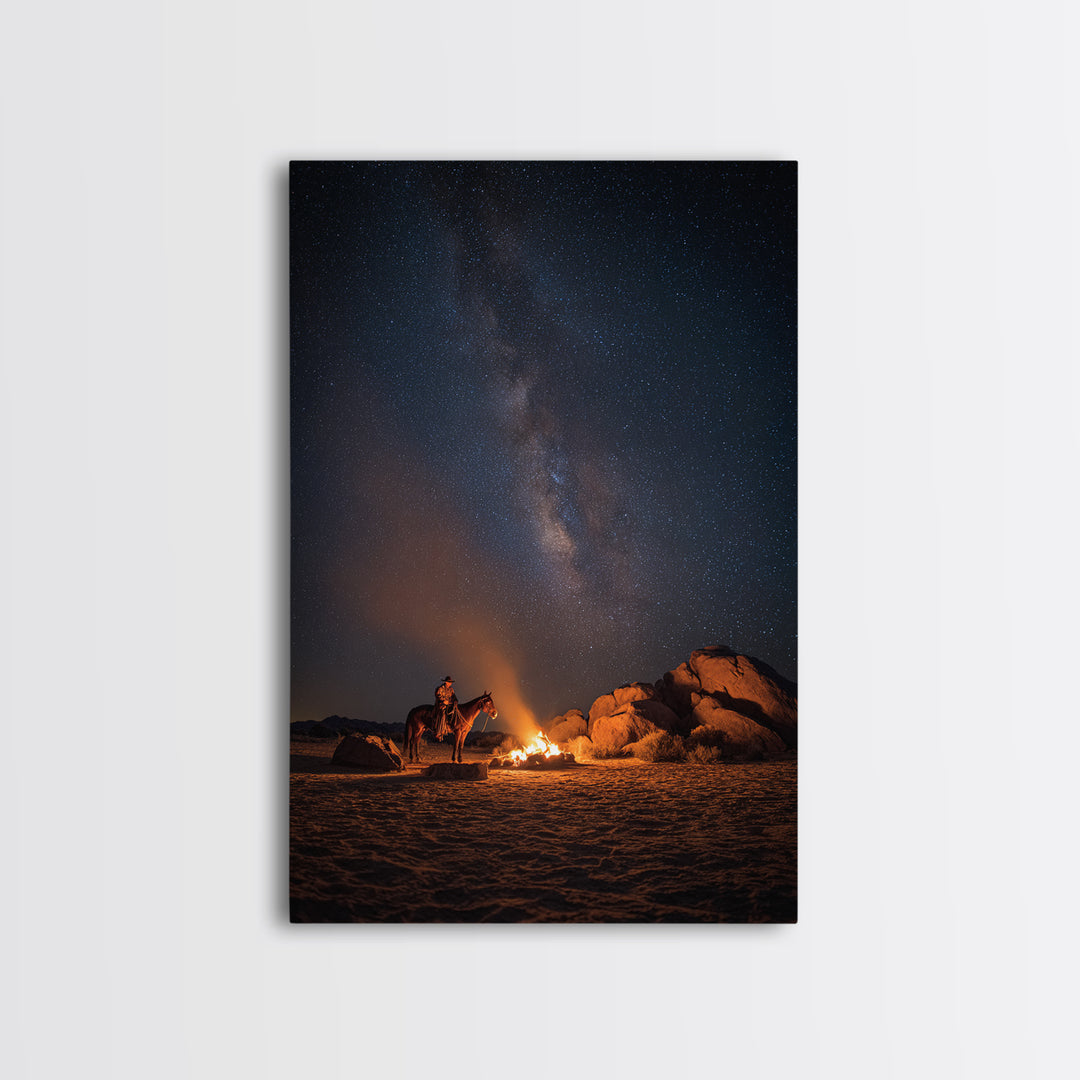 Wild West Cowboy By Campfire Under Starry Night Sky Large Wall Art Canvas Print For Rustic Western Home Or Man Cave Decor