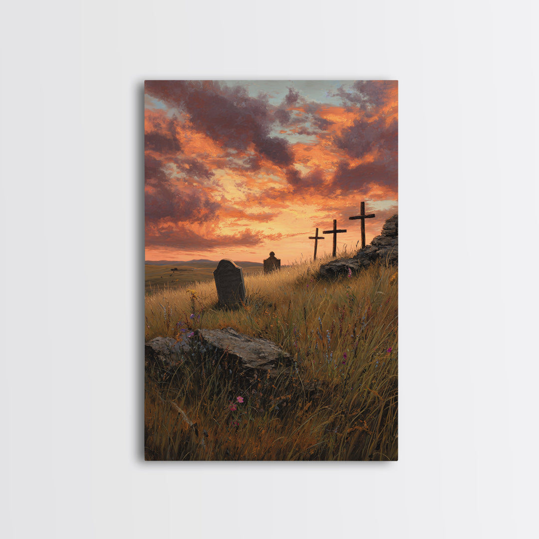 Sunset Cemetery Scene Oil Painting With Striking Sky And Crosses Wall Art Framed Canvas Print For Living Room Decor