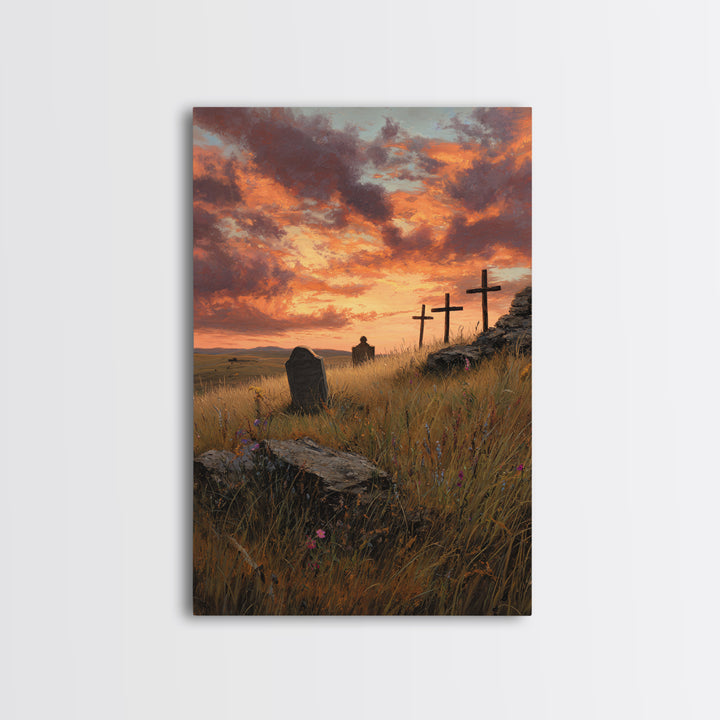 Sunset Cemetery Scene Oil Painting With Striking Sky And Crosses Wall Art Framed Canvas Print For Living Room Decor