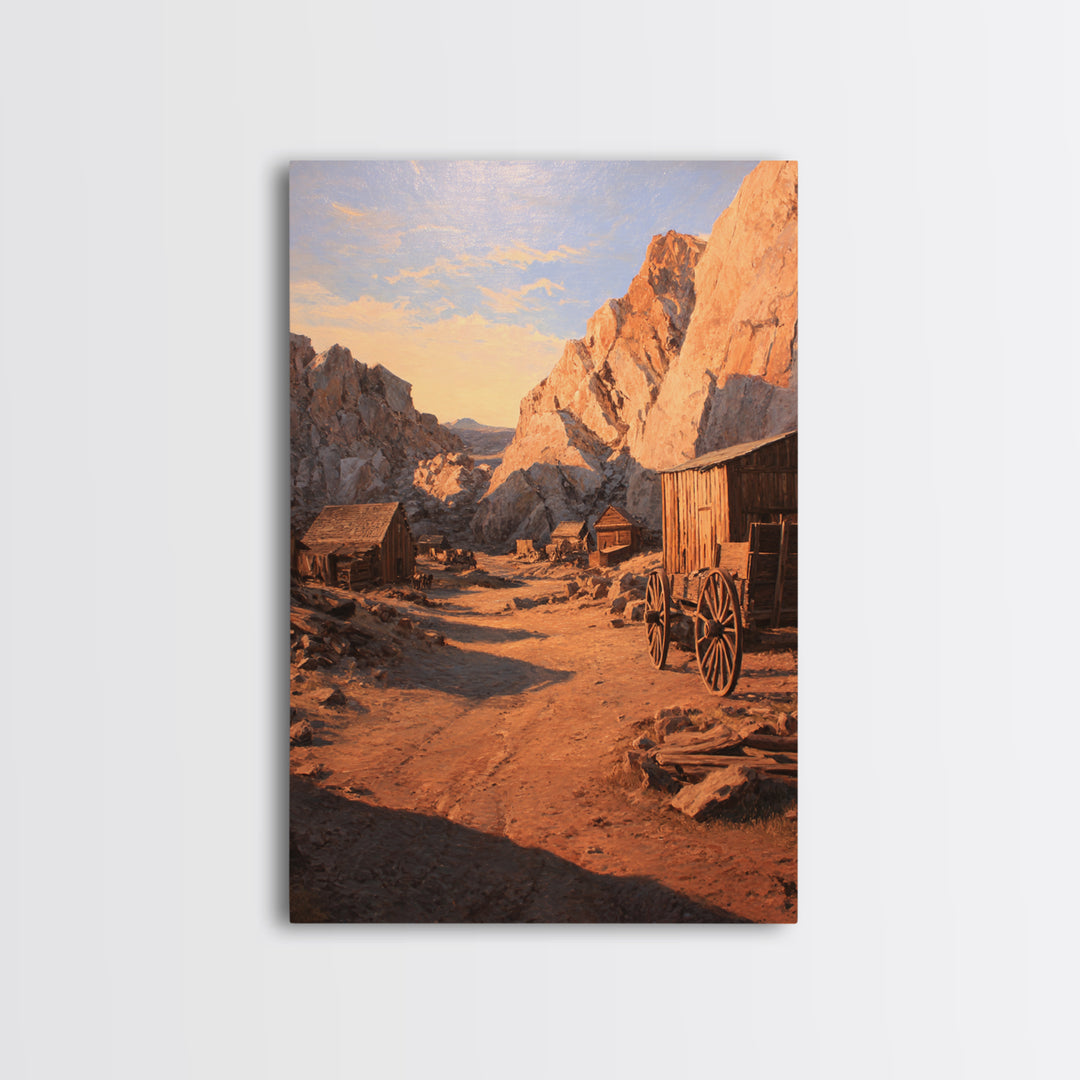 Rustic Western Homestead Scene Wall Art Depicting Mountain Landscape With Old Wagon Large Wall Art Framed Canvas Print