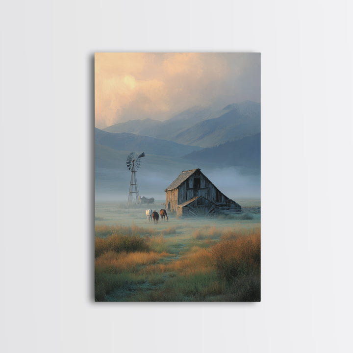 Rustic Countryside Landscape With Windmill And Horses Wall Art Canvas Print For Farmhouse Decor And Cozy Home Decoration
