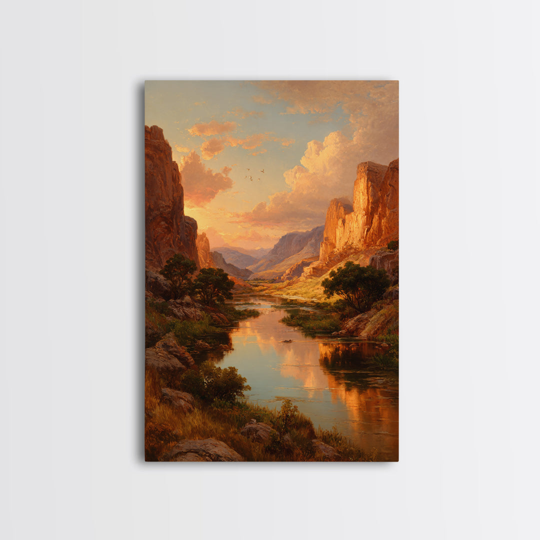 Sunset Over Majestic Canyon Landscape River Reflection Wall Art Framed Canvas Print For Rustic Home Decor