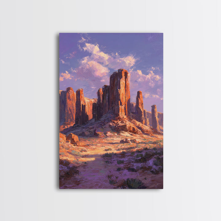 Desert Monument Valley Landscape At Sunset In Oil Painting Style Wall Art Framed Canvas Print For Rustic Home Decor