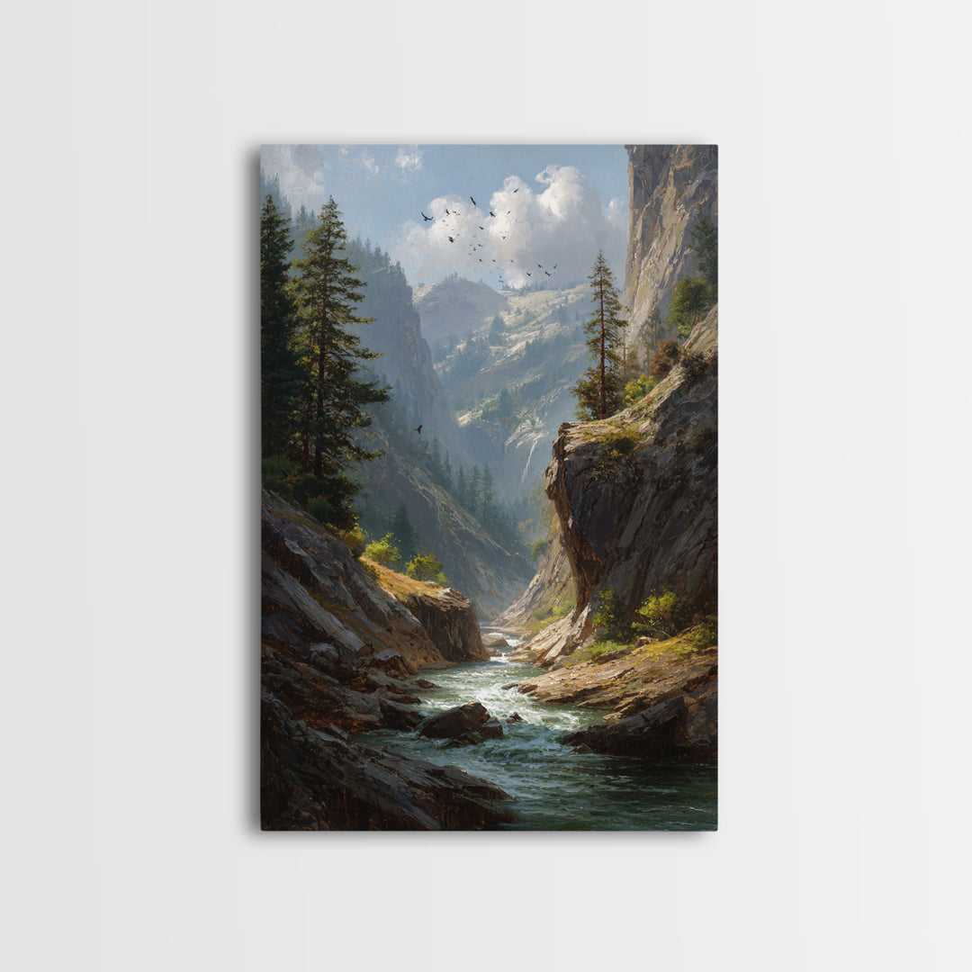 Majestic Mountain Canyon Landscape With Stream And Birds Original Oil Painting Canvas Print For Living Room Decor