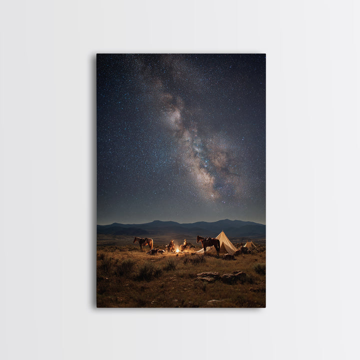 Cowboys Campfire Under Star Filled Night Sky Photography Canvas Print For Rustic Wall Art And Western Home Decor Framed