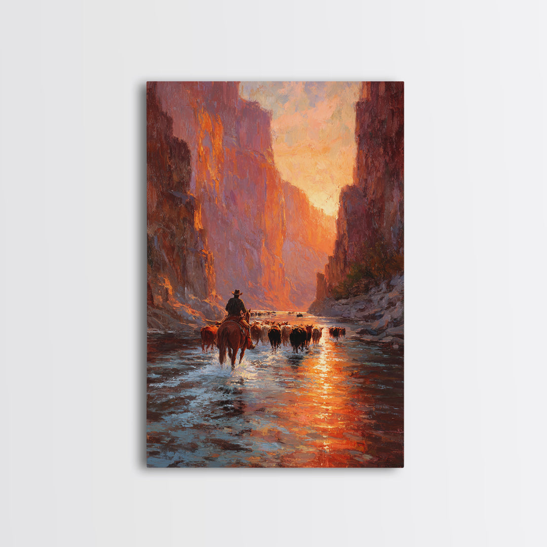 Cowboy Herding Cattle Through Sunlit Canyon Scene Classic Western Oil Painting Framed Canvas Print For Rustic Wall Art Farmhouse Décor