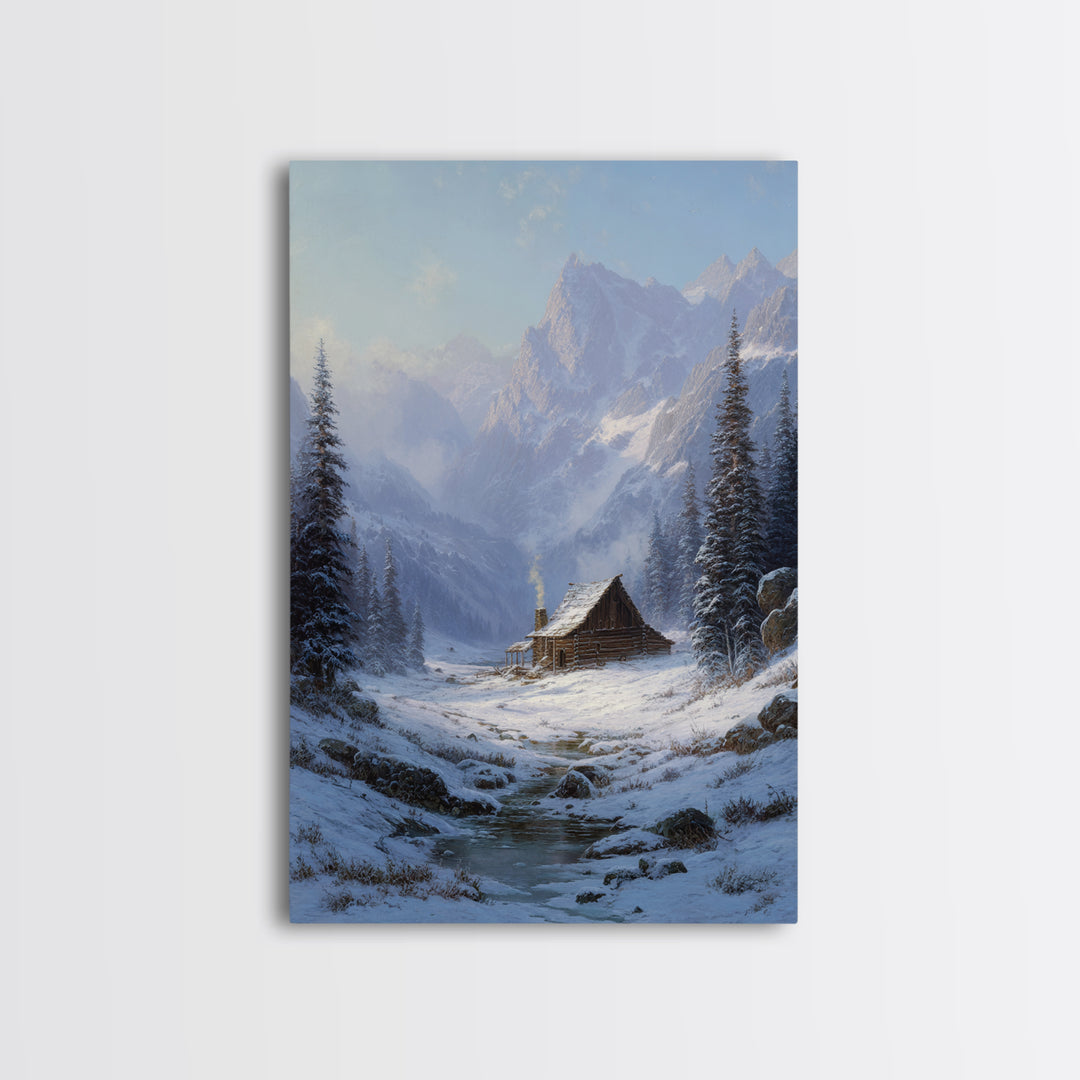 Winter Mountain Cabin Oil Painting Framed Canvas Print Rustic Snow Landscape Wall Art For Cozy Home Decor