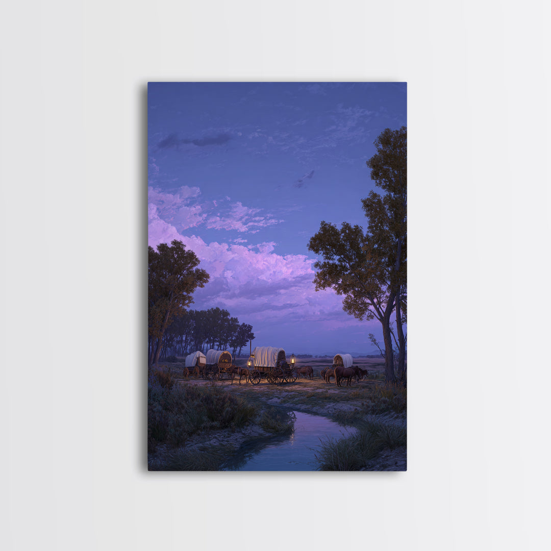 Peaceful Wagons At Twilight Sunset Landscape Large Wall Art Framed Canvas Print For Rustic Home Decor