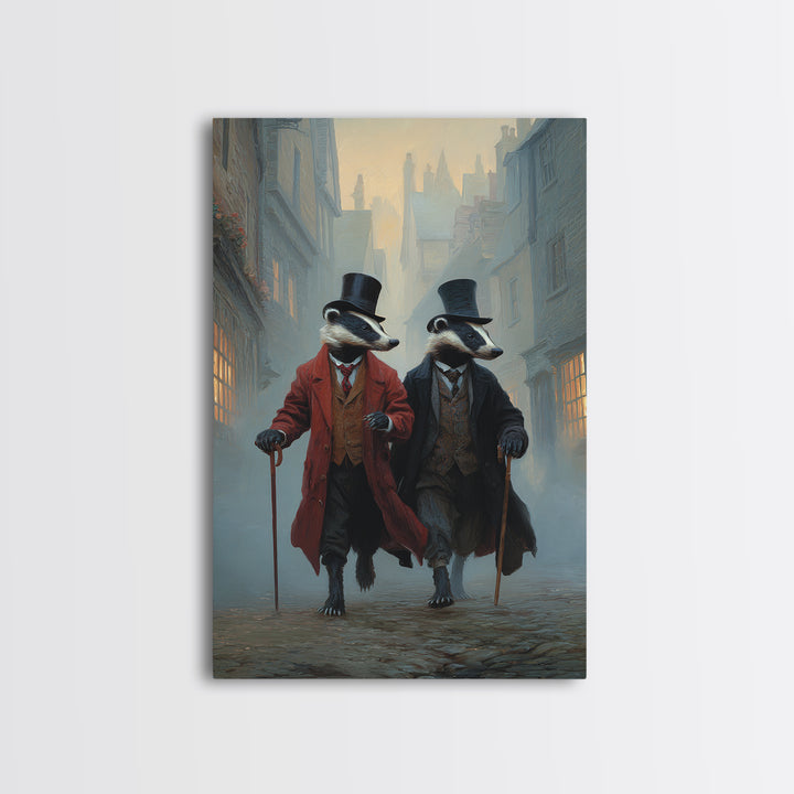 Dapper Badger Gentlemen Walking In Foggy City Canvas Print, Whimsical Animal Wall Art For Nursery Room And Eclectic Decor