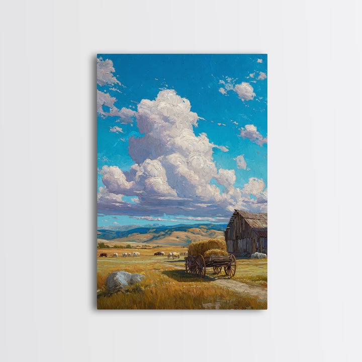 Rustic Country Farm Scene With Barn Cart And Livestock Large Wall Art Framed Canvas Print For Farmhouse Home Decor And Living Room