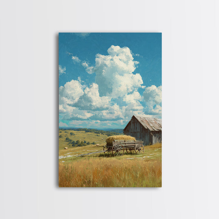 Bright Sunlit Barn And Field Landscape Painting Wall Art Canvas Print For Cozy Farmhouse Rustic Decor