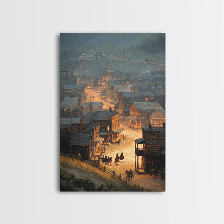 Old Western Town At Dusk Oil Painting Framed Canvas Print Large Wall Art For Rustic Home Decor And Living Room Wall Art