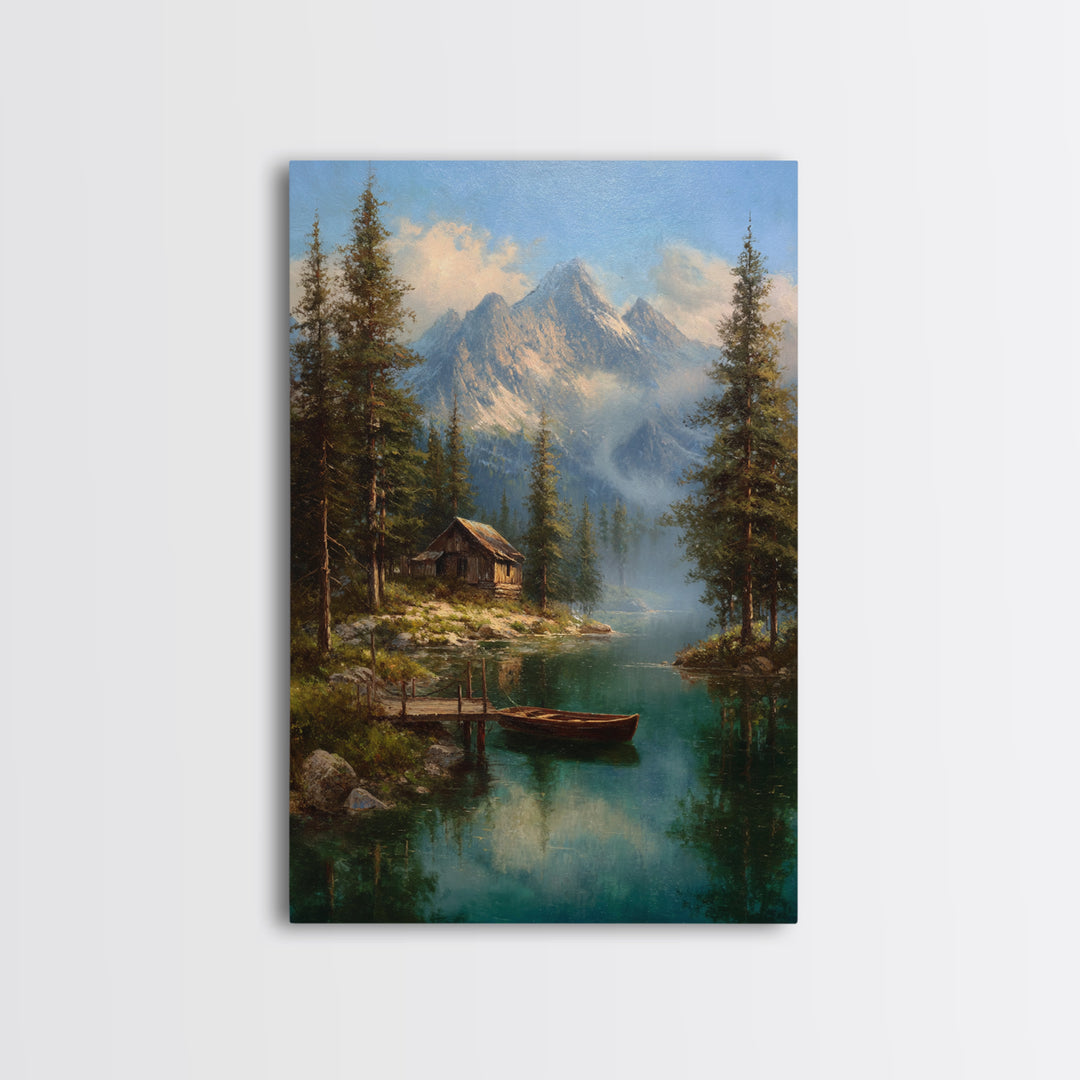 Tranquil Mountain Lake Cabin Scene Oil Painting Landscape Wall Art Canvas Print Rustic Home Decor Nature Lover Gift
