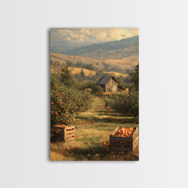 Classic Rustic Orchard Landscape Painting Framed Canvas Print For Farmhouse Decor And Country Home Wall Art
