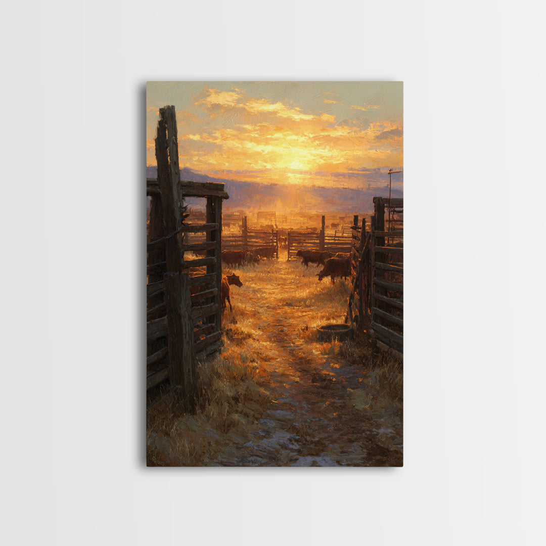 Sunset Over Rustic Cattle Farm Landscape Wall Art Framed Canvas Print For Western Home Decor And Cozy Living Room