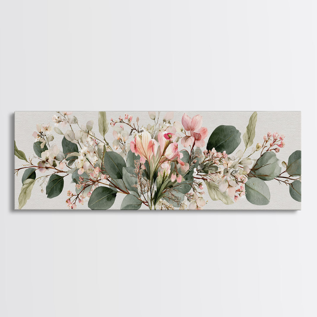 Soft Eucalyptus And Blush Magnolia Garland Wall Art, Panoramic Botanical Print, Neutral Floral Decor, Above Bed Canvas Print