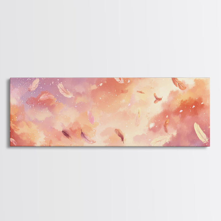 Pink Feather Cloud Sky Wall Art, Dreamy Celestial Canvas Print, Pastel Nursery Decor, Whimsical Bedroom Wall Decor, And Above Bed Art