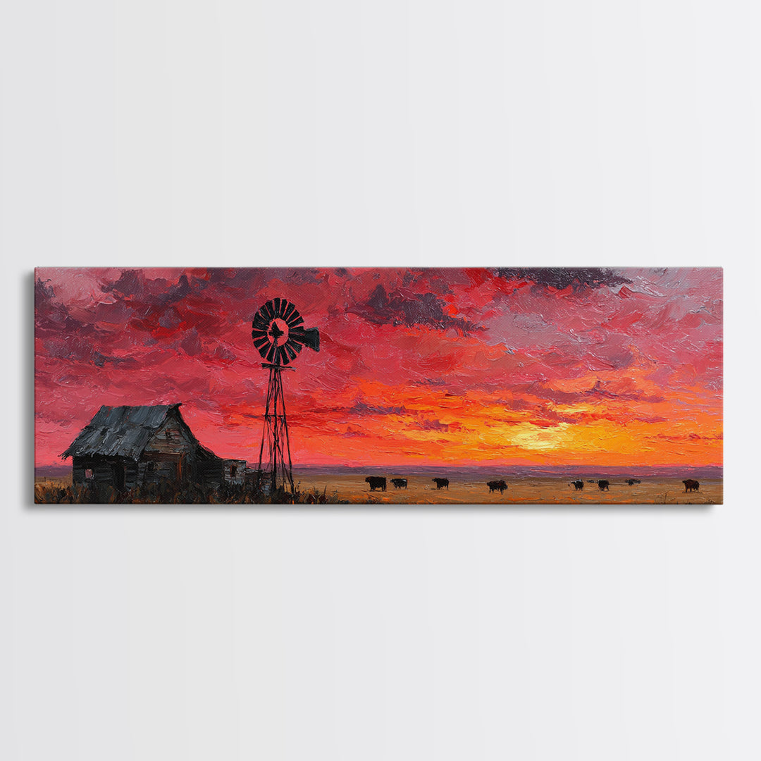Rustic Windmill Homestead Sunset Wall Art, Western Landscape Canvas Print For Farmhouse Decor, Country Living Room Art Gift