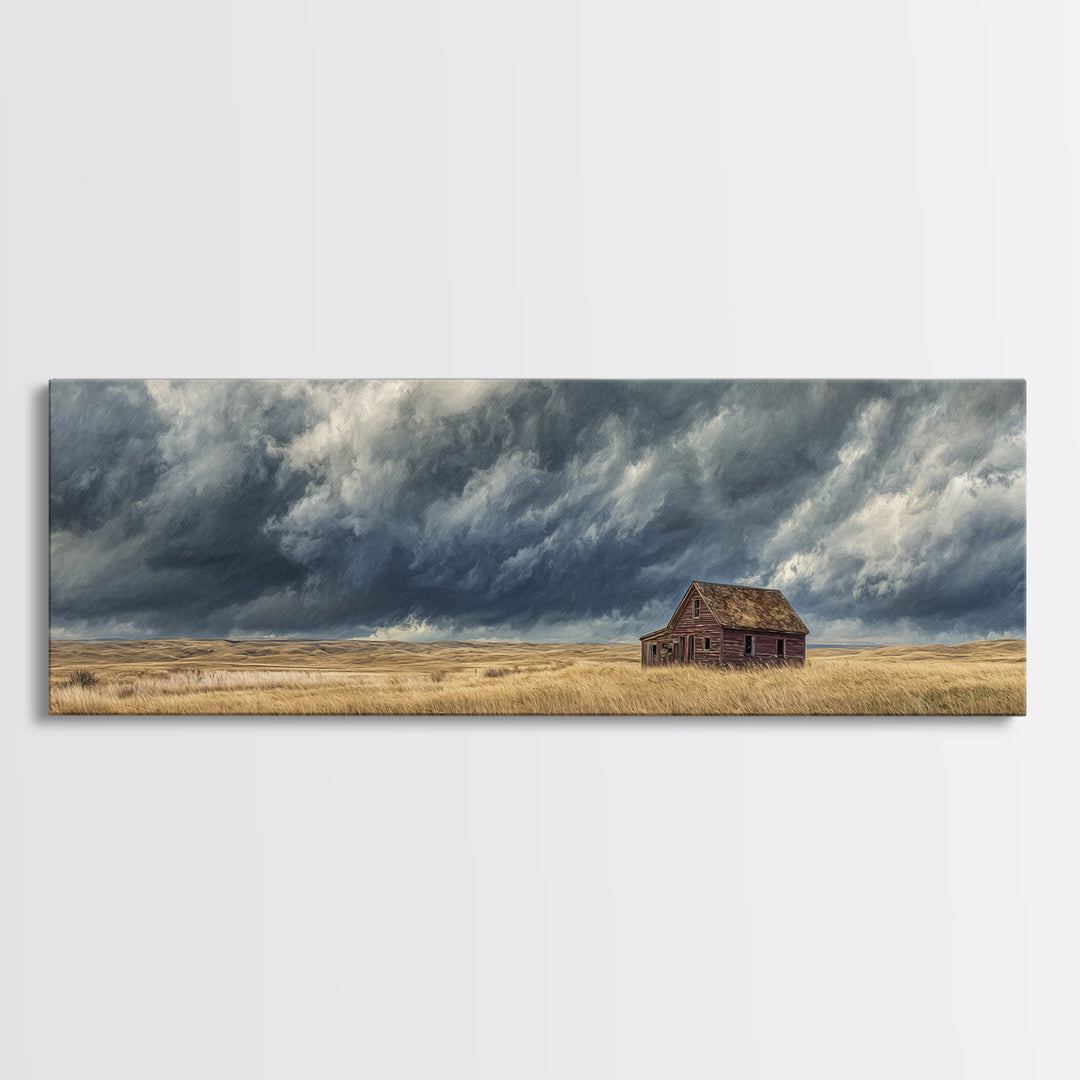 Abandoned Farmhouse Under Storm Clouds Wall Art, Moody Prairie Landscape Canvas, Rustic Country Decor For Living Room, Large Print