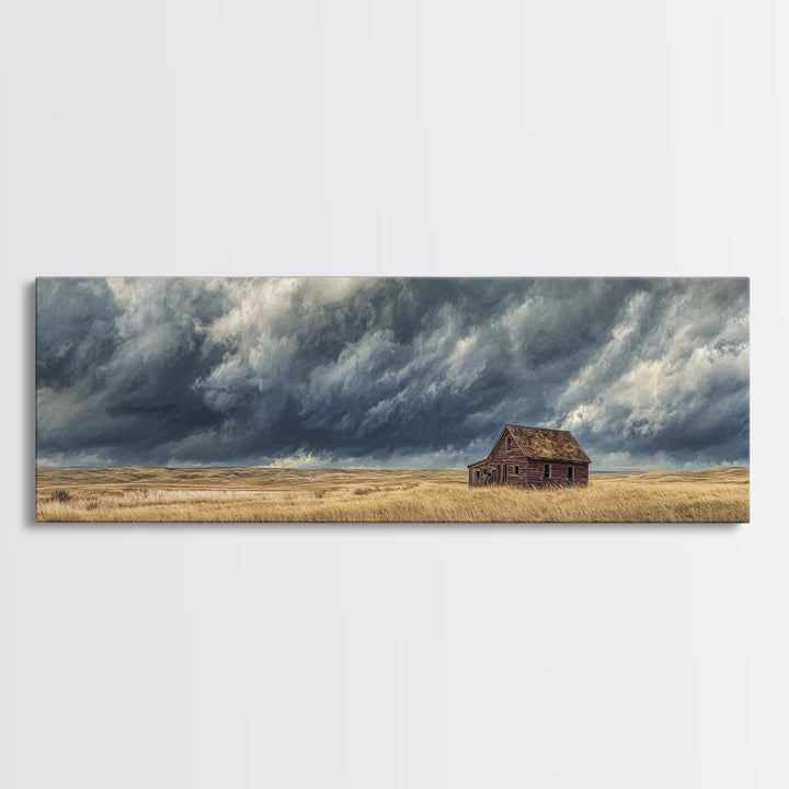 Abandoned Farmhouse Under Storm Clouds Wall Art, Moody Prairie Landscape Canvas, Rustic Country Decor For Living Room, Large Print