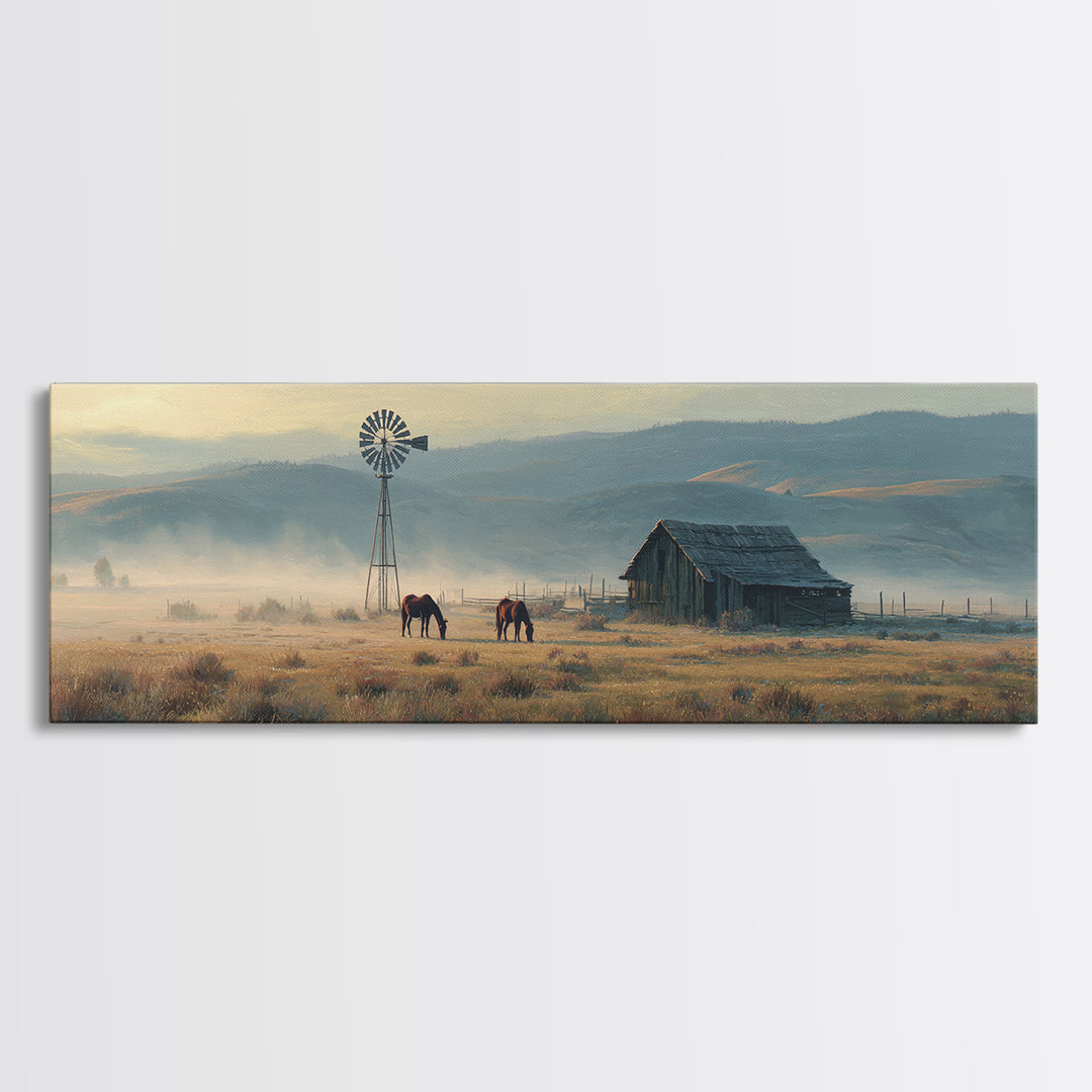 Misty Western Ranch Windmill Framed Canvas Print, Rustic Farmhouse Wall Art With Horses For Country Home Decor Gift Idea